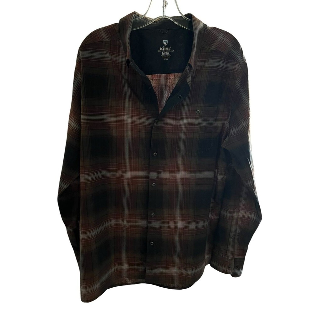 KUHL Response Lite Plaid Performance Shirt Brown Long Sleeve Snap Front Hiking L